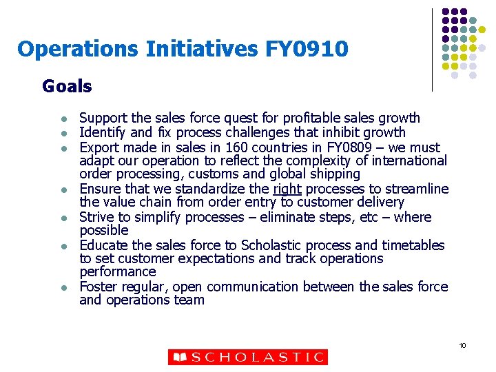 Operations Initiatives FY 0910 Goals l l l l Support the sales force quest