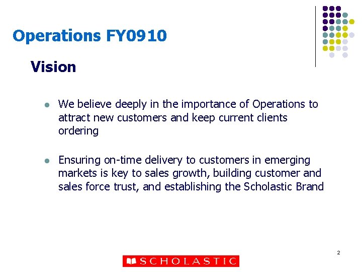 Operations FY 0910 Vision l We believe deeply in the importance of Operations to