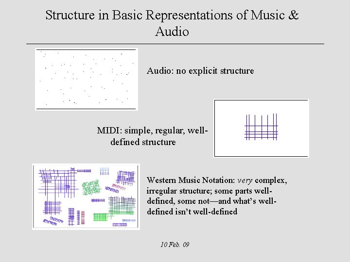 Structure in Basic Representations of Music & Audio: no explicit structure MIDI: simple, regular,