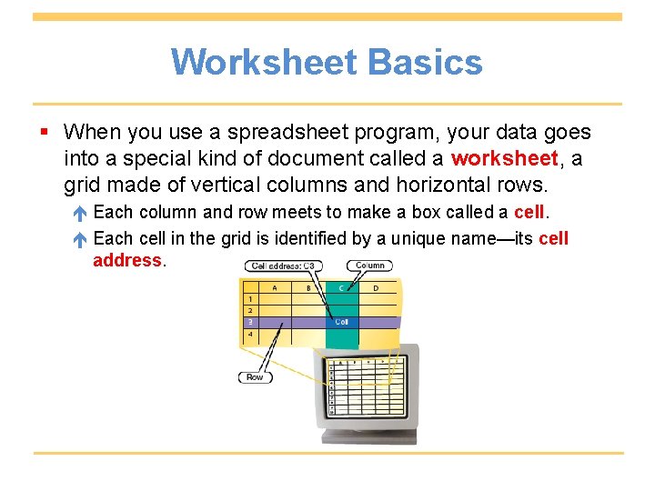 Worksheet Basics § When you use a spreadsheet program, your data goes into a