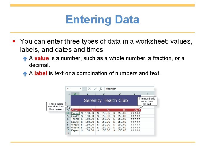 Entering Data § You can enter three types of data in a worksheet: values,
