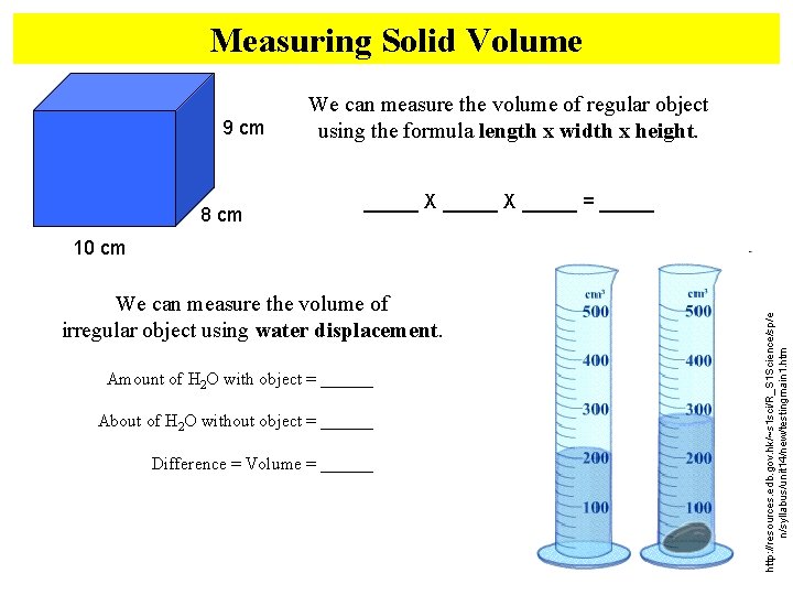 Measuring Solid Volume 9 cm 8 cm We can measure the volume of regular