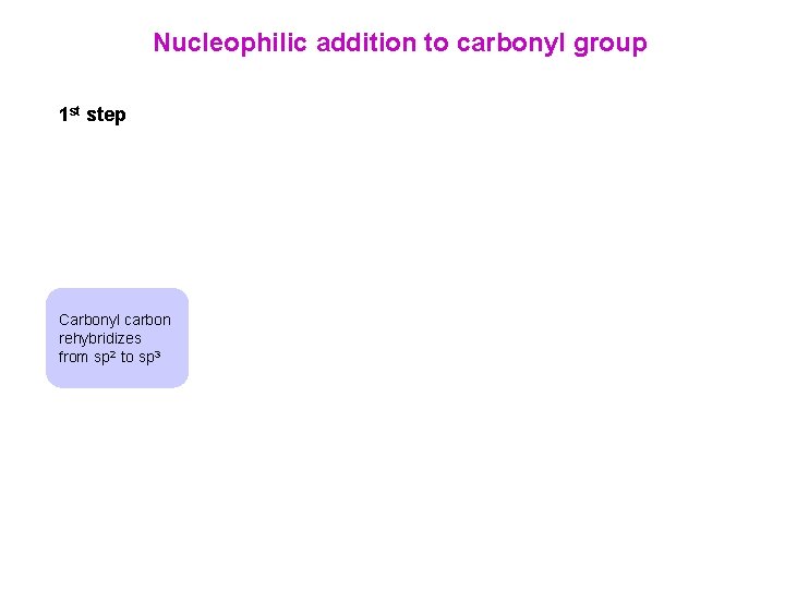 Nucleophilic addition to carbonyl group 1 st step Carbonyl carbon rehybridizes from sp 2 Nucleophilic addition to carbonyl group 1 st step Carbonyl carbon rehybridizes from sp 2