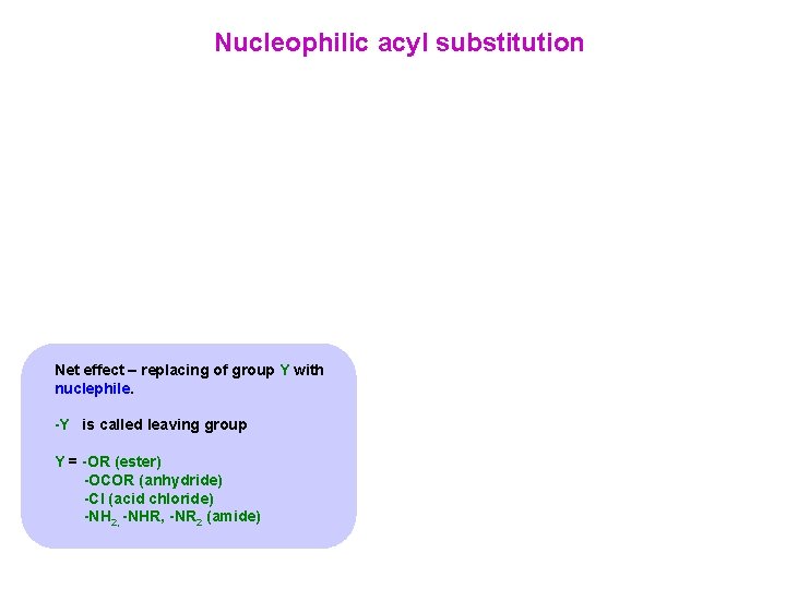 Nucleophilic acyl substitution Net effect – replacing of group Y with nuclephile. -Y is Nucleophilic acyl substitution Net effect – replacing of group Y with nuclephile. -Y is