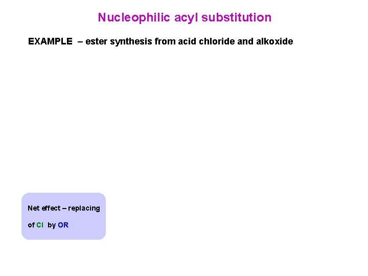 Nucleophilic acyl substitution EXAMPLE – ester synthesis from acid chloride and alkoxide Net effect Nucleophilic acyl substitution EXAMPLE – ester synthesis from acid chloride and alkoxide Net effect