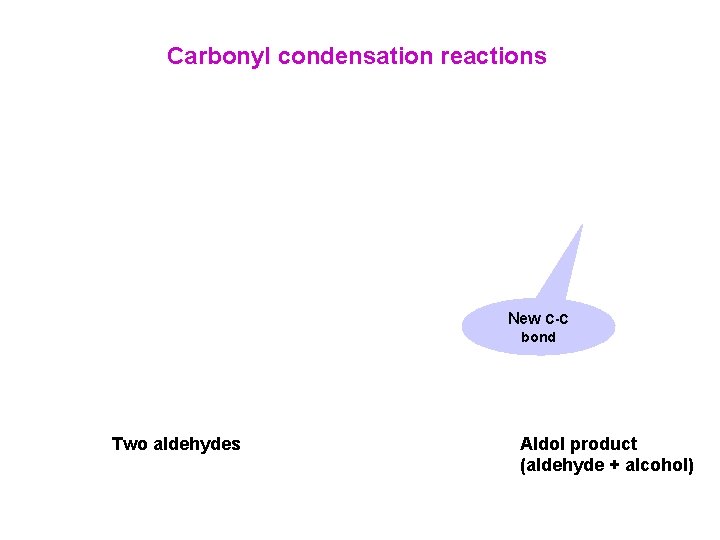 Carbonyl condensation reactions New C-C bond Two aldehydes Aldol product (aldehyde + alcohol)  Carbonyl condensation reactions New C-C bond Two aldehydes Aldol product (aldehyde + alcohol)