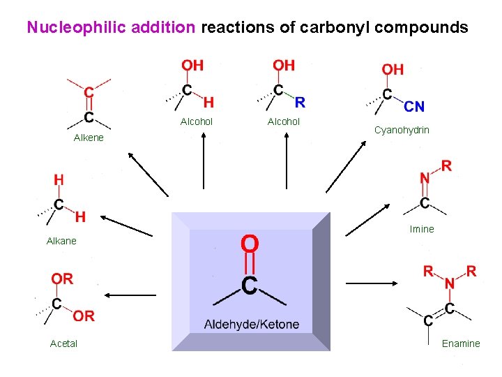 Nucleophilic addition reactions of carbonyl compounds Alcohol Alkene Alcohol Cyanohydrin Imine Alkane Acetal Enamine Nucleophilic addition reactions of carbonyl compounds Alcohol Alkene Alcohol Cyanohydrin Imine Alkane Acetal Enamine
