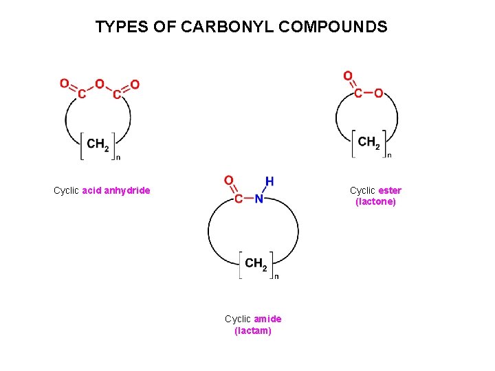 TYPES OF CARBONYL COMPOUNDS Cyclic acid anhydride Cyclic ester (lactone) Cyclic amide (lactam)  TYPES OF CARBONYL COMPOUNDS Cyclic acid anhydride Cyclic ester (lactone) Cyclic amide (lactam)