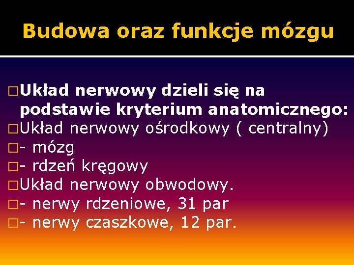 Budowa oraz funkcje mózgu �Układ nerwowy dzieli się na podstawie kryterium anatomicznego: �Układ nerwowy