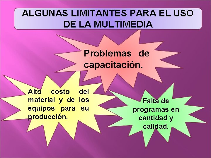 ALGUNAS LIMITANTES PARA EL USO DE LA MULTIMEDIA Problemas de capacitación. Alto costo del