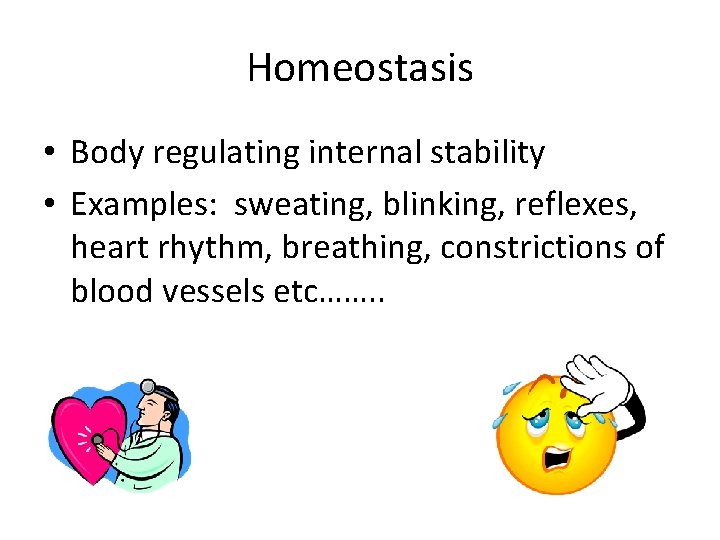 Homeostasis • Body regulating internal stability • Examples: sweating, blinking, reflexes, heart rhythm, breathing,