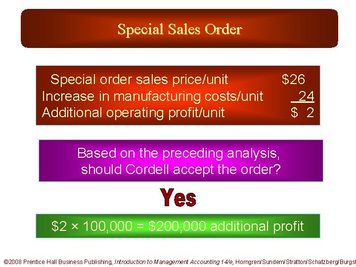 Special Sales Order Special order sales price/unit Increase in manufacturing costs/unit Additional operating profit/unit