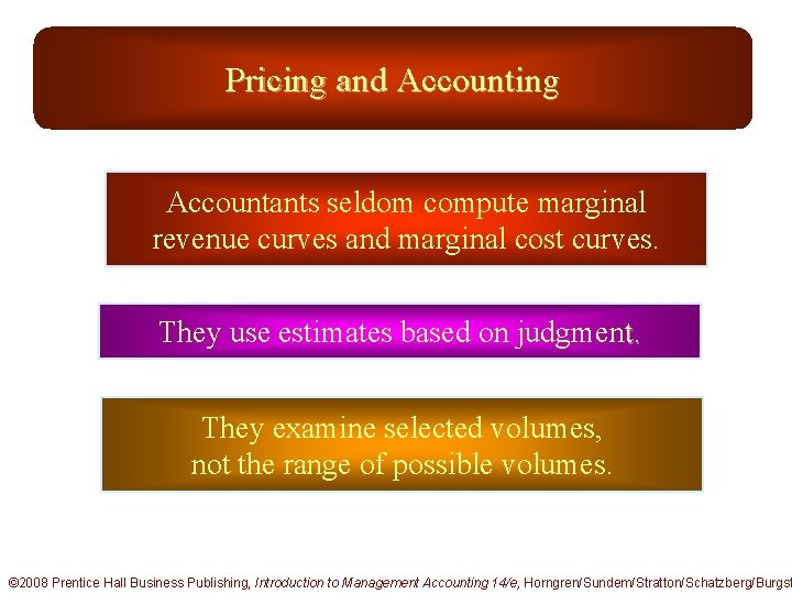 Pricing and Accounting Accountants seldom compute marginal revenue curves and marginal cost curves. They