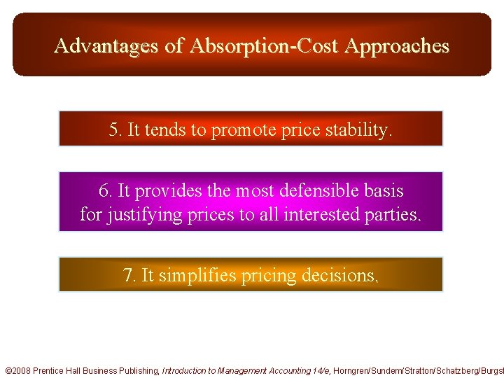 Advantages of Absorption-Cost Approaches 5. It tends to promote price stability. 6. It provides