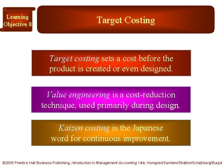 Learning Objective 8 Target Costing Target costing sets a cost before the product is
