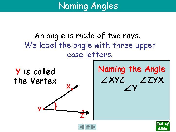 Naming Angles An angle is made of two rays. We label the angle with