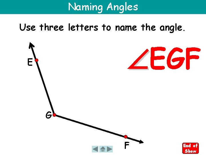 Naming Angles Use three letters to name the angle. EGF E G F End