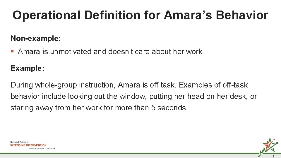 Operational Definition for Amara’s Behavior Non-example: § Amara is unmotivated and doesn’t care about Operational Definition for Amara’s Behavior Non-example: § Amara is unmotivated and doesn’t care about