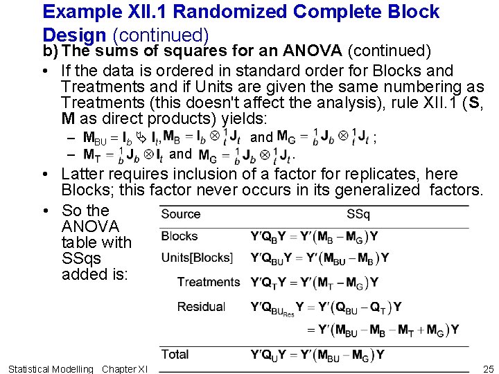 Example XII. 1 Randomized Complete Block Design (continued) b) The sums of squares for