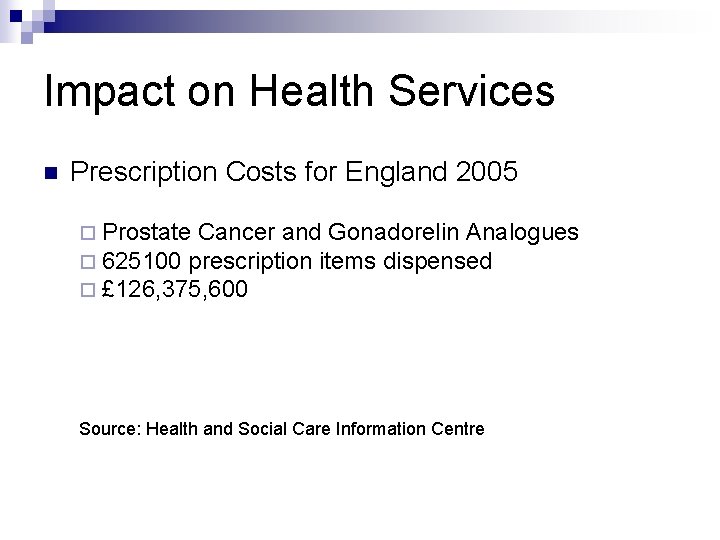 Impact on Health Services n Prescription Costs for England 2005 ¨ Prostate Cancer and