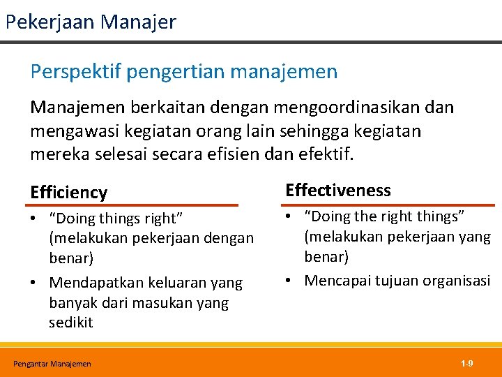 Pekerjaan Manajer Perspektif pengertian manajemen Manajemen berkaitan dengan mengoordinasikan dan mengawasi kegiatan orang lain