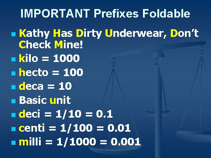 IMPORTANT Prefixes Foldable Kathy Has Dirty Underwear, Don’t Check Mine! n kilo = 1000