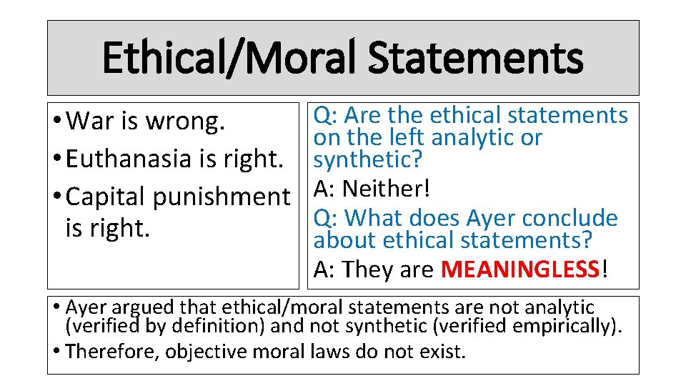 Ethical/Moral Statements • War is wrong. • Euthanasia is right. • Capital punishment is