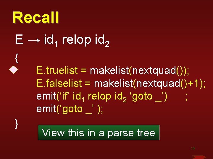 Recall E → id 1 relop id 2 { E. truelist = makelist(nextquad()); E. Recall E → id 1 relop id 2 { E. truelist = makelist(nextquad()); E.