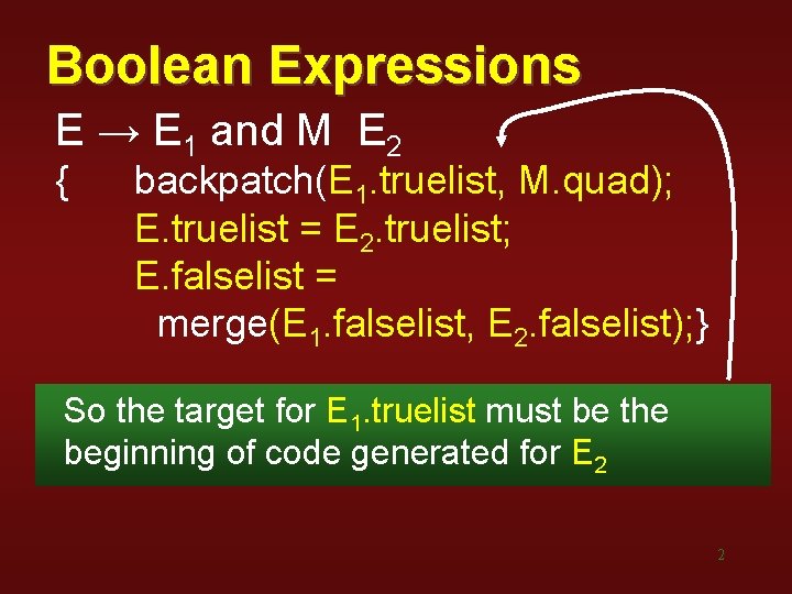 Boolean Expressions E → E 1 and M E 2 { backpatch(E 1. truelist, Boolean Expressions E → E 1 and M E 2 { backpatch(E 1. truelist,