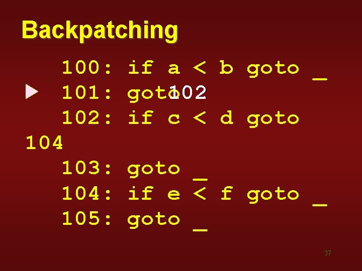 Backpatching 100: 101: 102: 104 103: 104: 105: if a < b goto _ Backpatching 100: 101: 102: 104 103: 104: 105: if a < b goto _