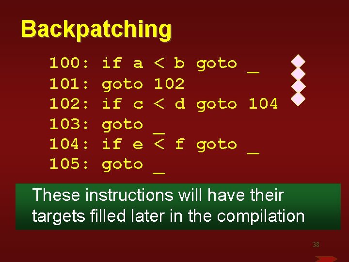 Backpatching 100: 101: 102: 103: 104: 105: if a goto if c goto if Backpatching 100: 101: 102: 103: 104: 105: if a goto if c goto if