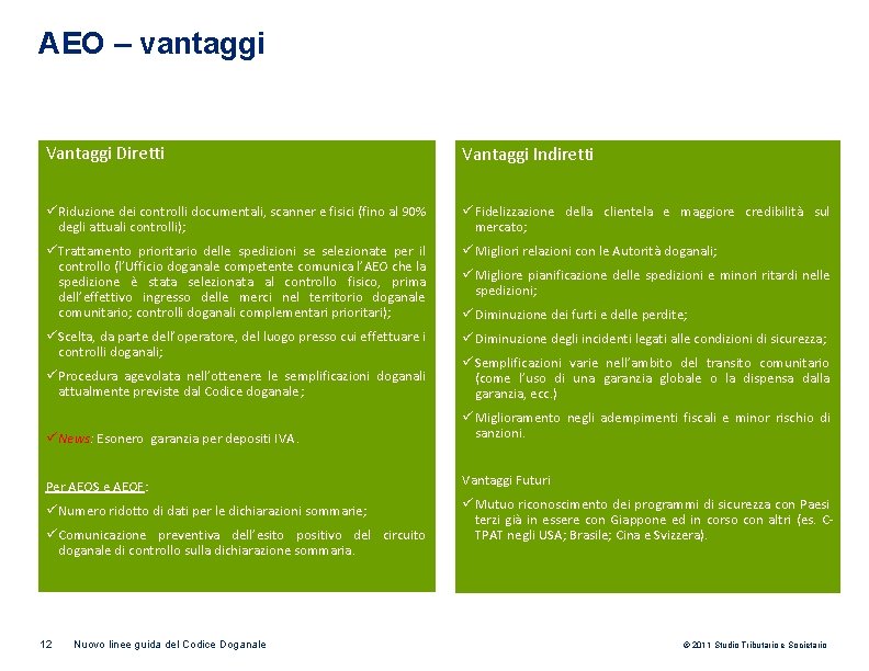 AEO – vantaggi Vantaggi Diretti Vantaggi Indiretti ü Riduzione dei controlli documentali, scanner e