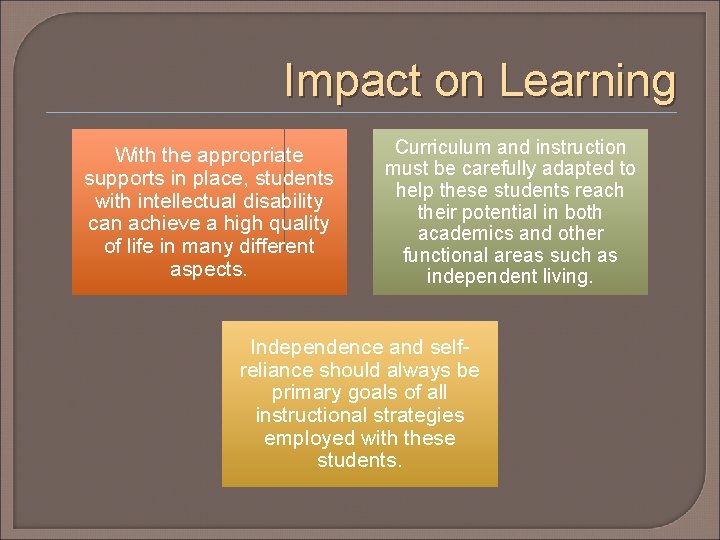 Impact on Learning With the appropriate supports in place, students with intellectual disability can