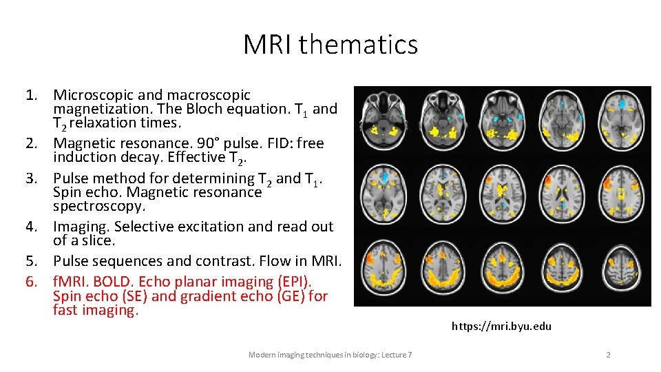 MRI thematics 1. Microscopic and macroscopic magnetization. The Bloch equation. T 1 and T