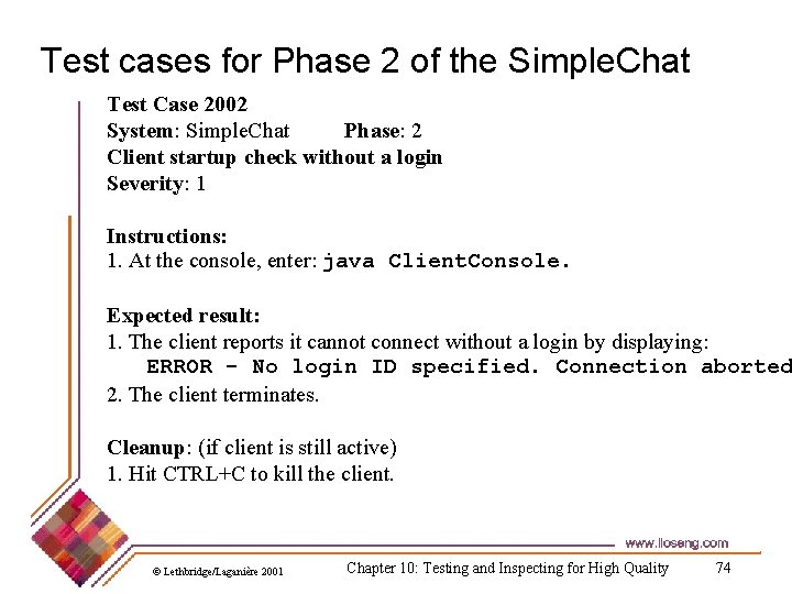 Test cases for Phase 2 of the Simple. Chat Test Case 2002 System: Simple.