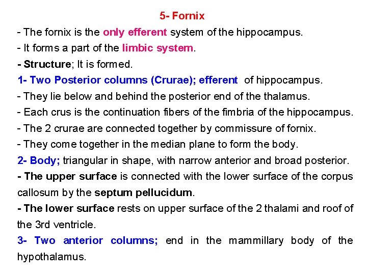 5 - Fornix The fornix is the only efferent system of the hippocampus. It