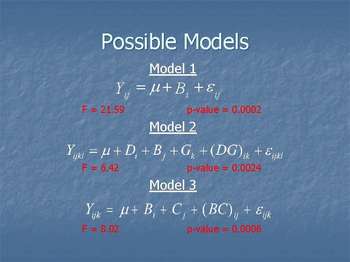 Possible Models Model 1 Yij = m + Bi + e ij F =