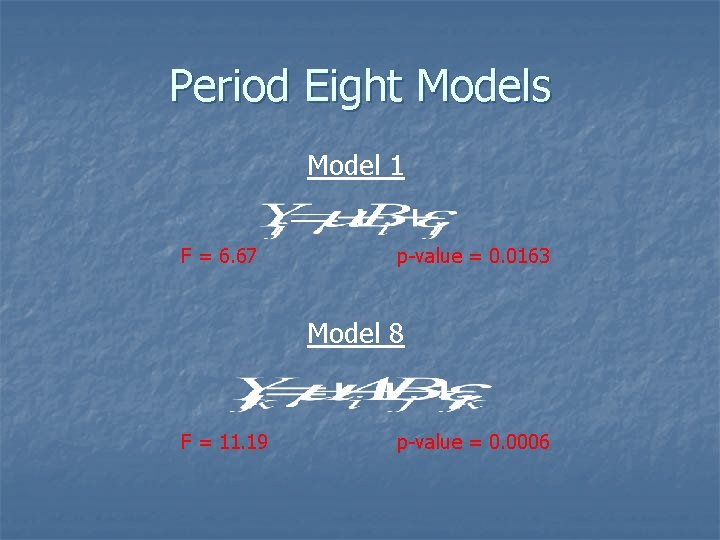 Period Eight Models Model 1 F = 6. 67 p-value = 0. 0163 Model