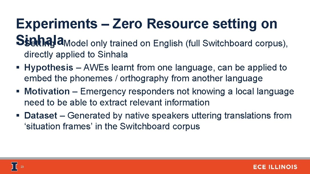 Experiments – Zero Resource setting on Sinhala § Setting - Model only trained on Experiments – Zero Resource setting on Sinhala § Setting - Model only trained on