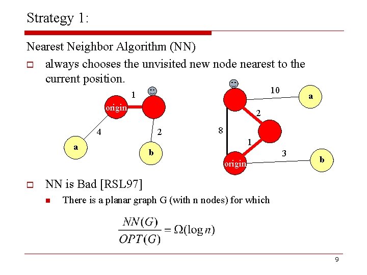 Strategy 1: Nearest Neighbor Algorithm (NN) o always chooses the unvisited new node nearest