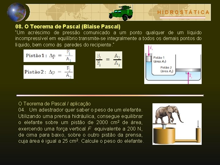 HIDROSTÁTICA 08. O Teorema de Pascal (Blaise Pascal) “Um acréscimo de pressão comunicado a
