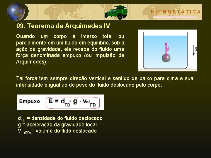 HIDROSTÁTICA 09. Teorema de Arquimedes IV Quando um corpo é imerso total ou parcialmente