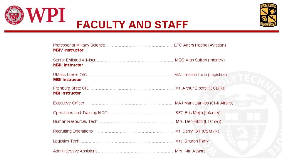 FACULTY AND STAFF Professor of Military Science……………………. . LTC Adam Heppe (Aviation) MSIV Instructor