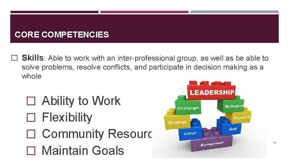 CORE COMPETENCIES � Skills: Able to work with an inter-professional group, as well as