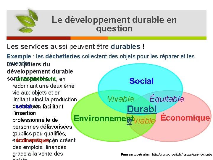 Le développement durable en question Les services aussi peuvent être durables ! Exemple :