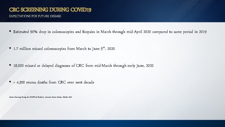 CRC SCREENING DURING COVID 19 EXPECTATIONS FOR FUTURE DISEASE • Estimated 90% drop in