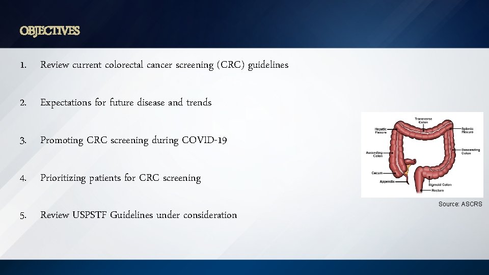 OBJECTIVES 1. Review current colorectal cancer screening (CRC) guidelines 2. Expectations for future disease