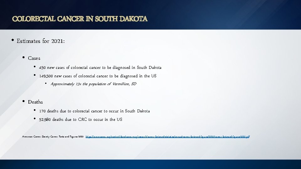 COLORECTAL CANCER IN SOUTH DAKOTA • Estimates for 2021: • Cases • 450 new