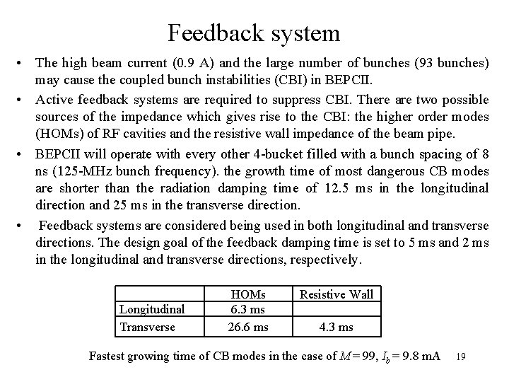 Feedback system • The high beam current (0. 9 A) and the large number