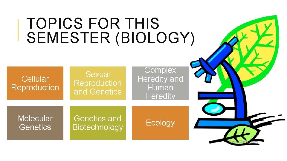 TOPICS FOR THIS SEMESTER (BIOLOGY) Cellular Reproduction Sexual Reproduction and Genetics Complex Heredity and